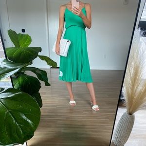 Pleated Midi Dress size S. Drawstring Waist in Emerald Green